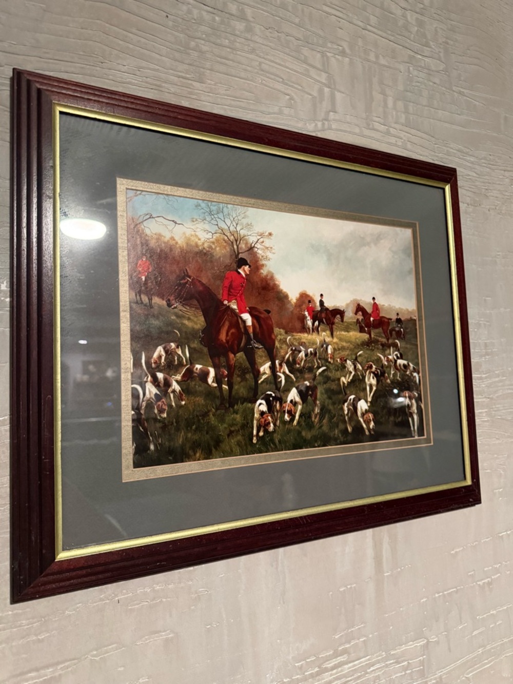 Equestrian Fox Hunt Print in Wood Frame - Red & Green Accents